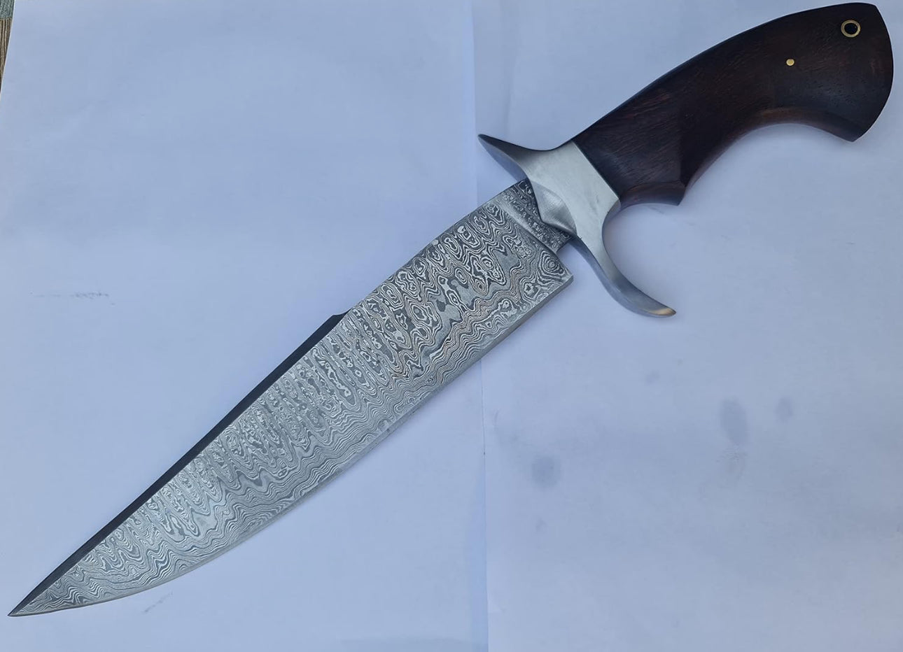 Custom Handmade 15-Inch Damascus Steel Bowie Knife with Rosewood Handle and Steel Guard, Includes Leather Sheath”