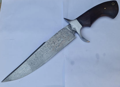 Custom Handmade 15-Inch Damascus Steel Bowie Knife with Rosewood Handle and Steel Guard, Includes Leather Sheath”