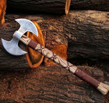 Custom Handmade Engraved Double Blades Battle Axe with D2 steel blades, Ash wood handle with leather wrap, and leather sheath. Ideal for everyday use and display.