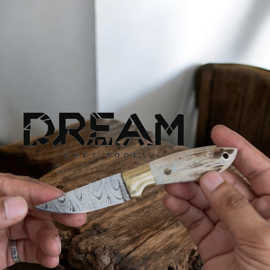 Custom Handmade Damascus Steel Buckaroo Belt Knife with Antler Horn Handle and Western Sheath – 7" Overall