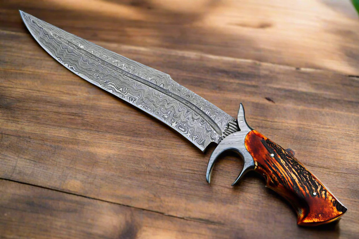 Custom Handmade 15-Inch Damascus Steel Bowie Knife with Stag Handle and Damascus Steel Guard, Includes Leather Sheath”