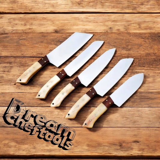 Stainless Knife Set – D2 Steel Blades with Camel Bone Handles & Rosewood Bolsters + Leather Roll Kit


