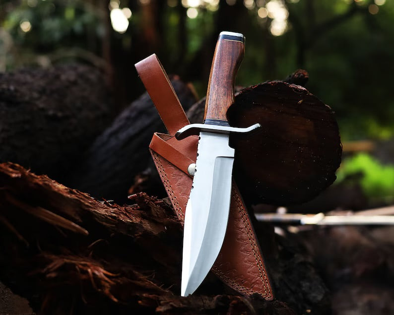 Premium Handcrafted J2 Steel Bowie Knife – 13-Inch Blade with Bone and Steel Guard Handle, Hand-Stitched Leather Sheath