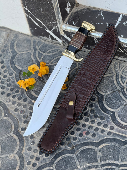 Custom Handmade J2 Steel Crocodile Dundee Bowie Knife with Brass Guard and Leather Handle, 16-inch Overall Length, with Leather Sheath