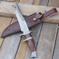 Custom Handmade Damascus Steel Bowie Knife with Rosewood Handle and Leather Sheath”