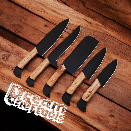 Stainless Steel Knife Set – D2 Block Coated Blades with Camel Bone & Olive Wood Handles + Leather Roll Kit


