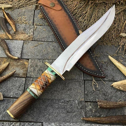 Custom Handmade J2 Steel Bowie Knife with Rosewood, Bone, and Brass Guard Handle, 16-inch Overall Length, with Leather Sheath”
