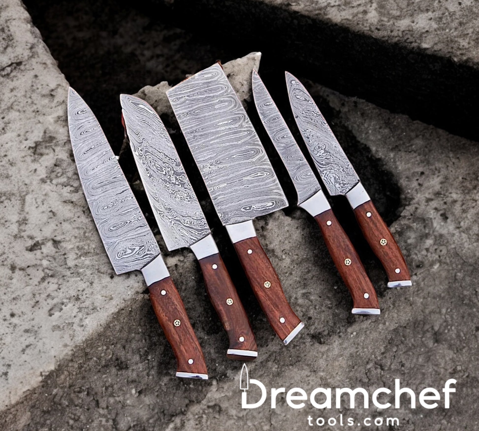 Best Knife Sets – 13” Handmade Damascus Steel Chef Knife with Rosewood Handle, Steel Bolster & Leather Sheath