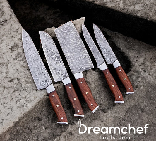 Best Knife Sets – 13” Handmade Damascus Steel Chef Knife with Rosewood Handle, Steel Bolster & Leather Sheath