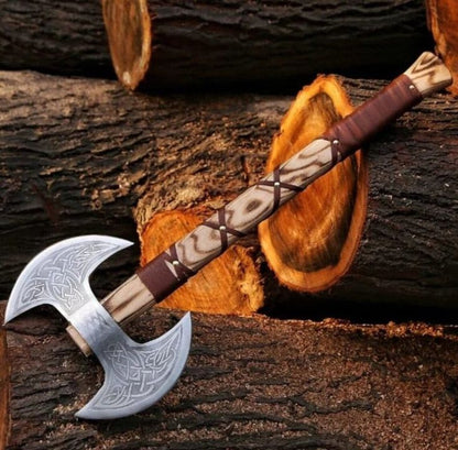 Custom Handmade Engraved Double Blades Battle Axe with D2 steel blades, Ash wood handle with leather wrap, and leather sheath. Ideal for everyday use and display.