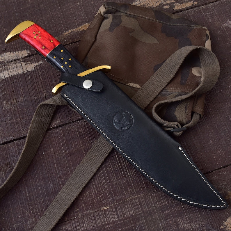 Handmade Damascus Steel Rambo Bowie Knife with Brass Wood Handle and Custom Leather Sheath”