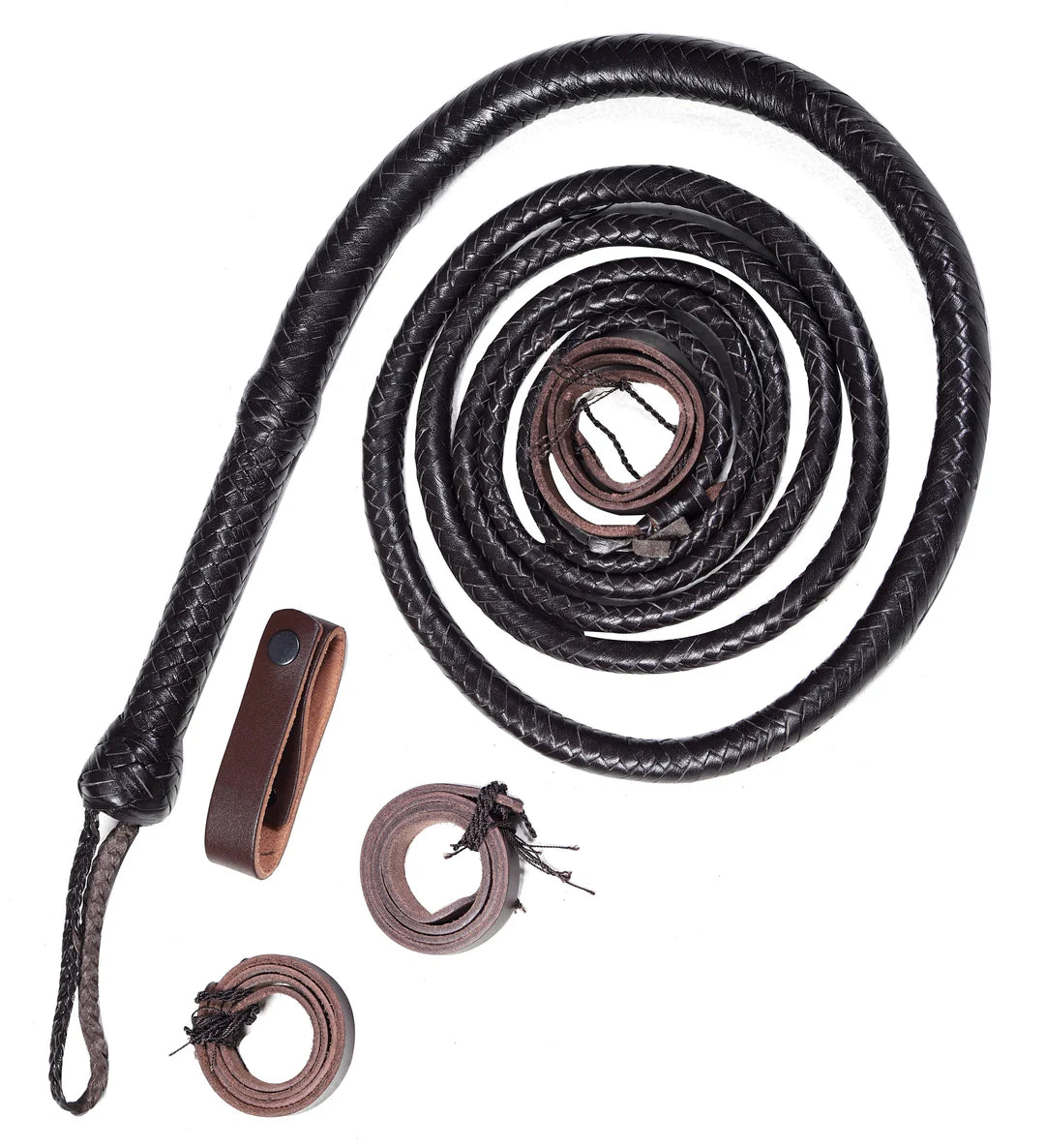 "Custom handmade real leather bullwhip – black, 16 plait, 8-inch handle"