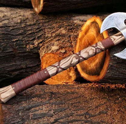 Custom Handmade Engraved Double Blades Battle Axe with D2 steel blades, Ash wood handle with leather wrap, and leather sheath. Ideal for everyday use and display.