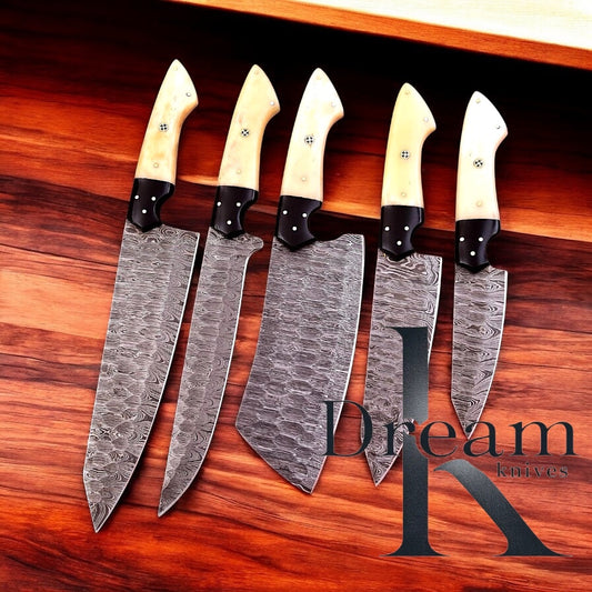 Best Japanese Kitchen Knife Set – 13" Damascus Steel Blades, Camel Bone & Resin Bolsters, with Leather Roll Kit

