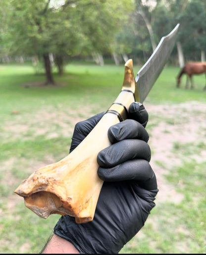 Luxurious Custom Handmade 16-Inch Damascus Steel Bowie Knife with Brass Guard and Camel Bone Handle, Complete with Leather Sheath”
