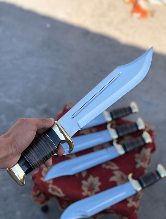 Custom Handmade D2 Steel Dundee Bowie Knife – 15” Buffalo Horn & Leather Grip with Sheath

