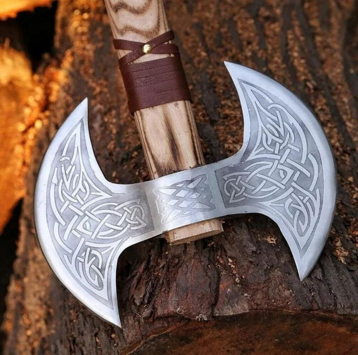 Custom Handmade Engraved Double Blades Battle Axe with D2 steel blades, Ash wood handle with leather wrap, and leather sheath. Ideal for everyday use and display.