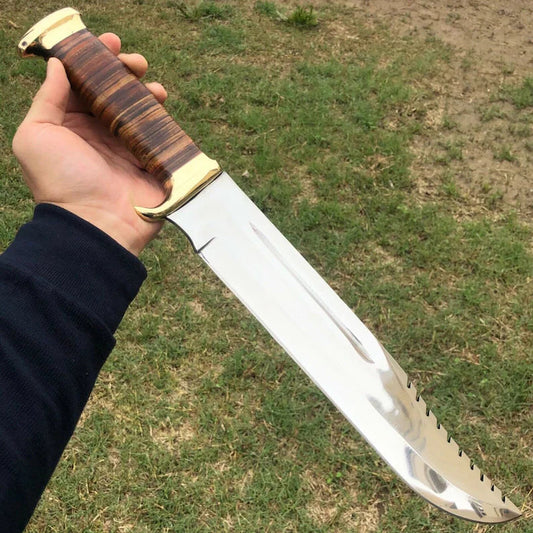 Custom Handmade J2 Steel "Crocodile Dundee" Bowie Knife – 16” Length with Brass Guard and Leather Sheath