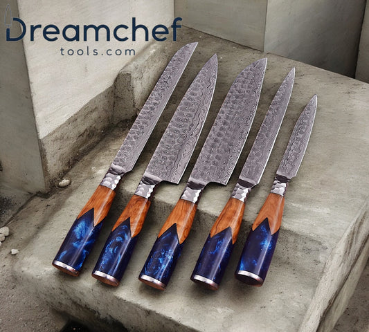 Sharp Knife Set – 13” Handmade Damascus Steel Chef Knife with Olive Wood or Resin Handle, Steel Bolster & Leather Sheath