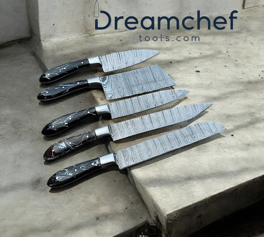 Culinary Knife Set – 13” Handmade Damascus Steel Chef Knife with Resin Handle, Steel Bolster & Leather Sheath