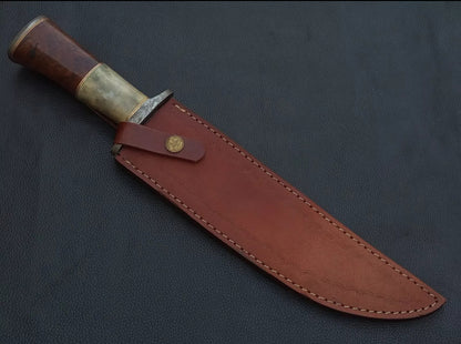 Custom Handmade 15-Inch Bowie Knife with Color Bone Handle and Damascus Steel Guard, Includes Leather Sheath”