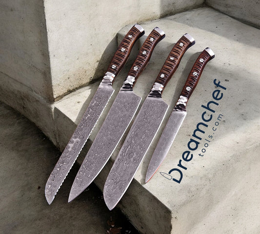 Best Chef Knife Set – 13” Handmade Damascus Steel Chef Knife with Rosewood Handle, Steel Bolster & Leather Sheath