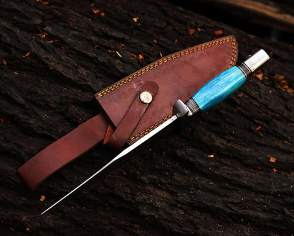 Custom Handmade J2 Steel Bowie Knife – 13-Inch Blade with Colorful Bone Handle & Steel Guard, Premium Leather Sheath Included