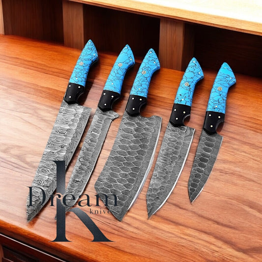 Damascus Knife Set – 13" Handmade Blades with Turquoise/Resin Handles & Leather Roll Kit

