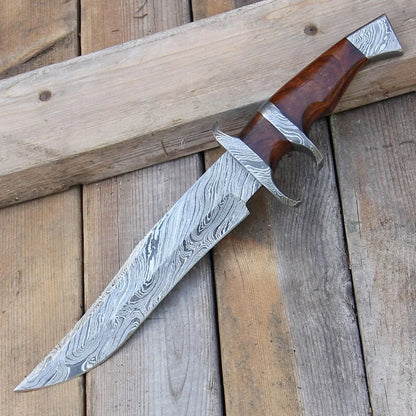 Custom Handmade Damascus Steel Bowie Knife with Rosewood Handle and Leather Sheath”