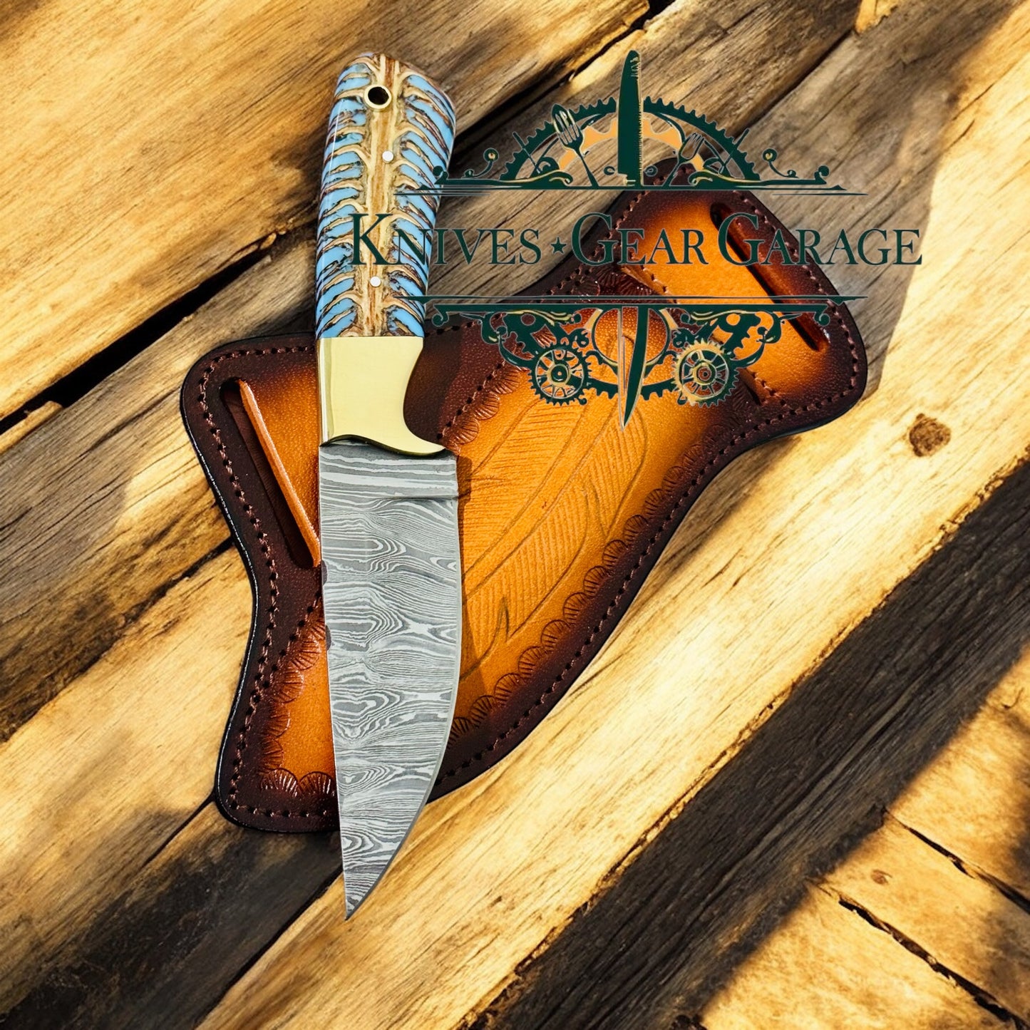 Western Rancher’s Knife – 8.25” Damascus Blade with Turquoise Pine Cone Handle