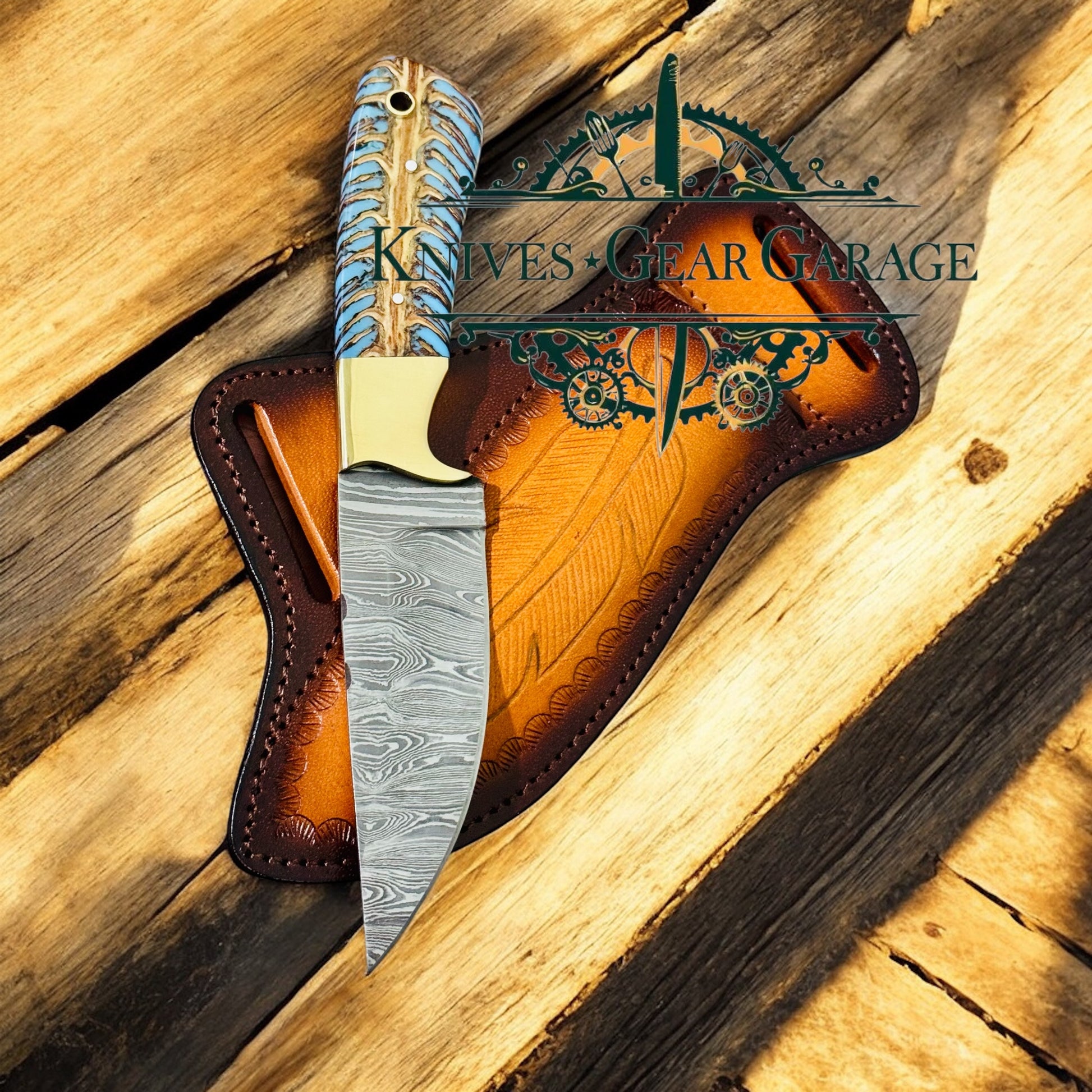 Western Rancher’s Knife – 8.25” Damascus Blade with Turquoise Pine Cone Handle