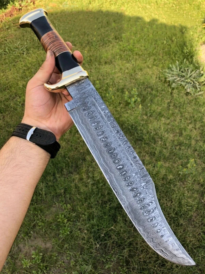 Custom Handmade Damascus Steel Crocodile Dundee Bowie Knife with Brass Guard, Buffalo Horn Handle, and Leather Sheath