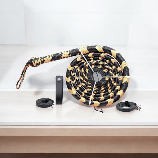 Custom Handmade Indiana Jones Bullwhip – Real Leather, 4ft–16ft, Bold Yellow & Black