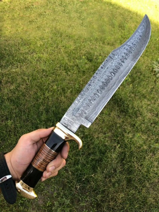 Custom Handmade Damascus Steel Crocodile Dundee Bowie Knife with Brass Guard, Buffalo Horn Handle, and Leather Sheath