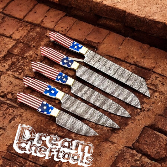 Knife Set – Damascus Steel Blades with Texas Flag Handles, Steel Bolsters & Leather Roll Kit

