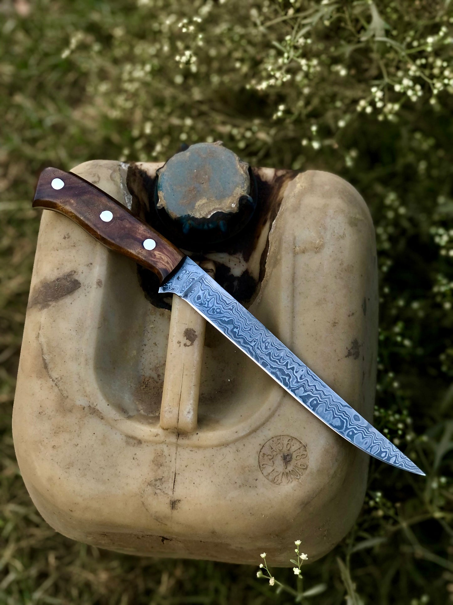 Handmade Damascus Steel Fillet Boning Knife with Cocobolo Burl Wood and Brass Mosaic Handle, 13-inch Overall Length