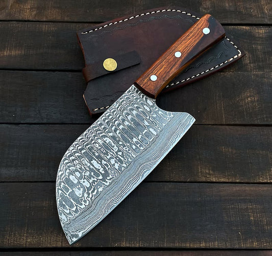 Custom handmade Damascus steel cleaver knife rose wood handle