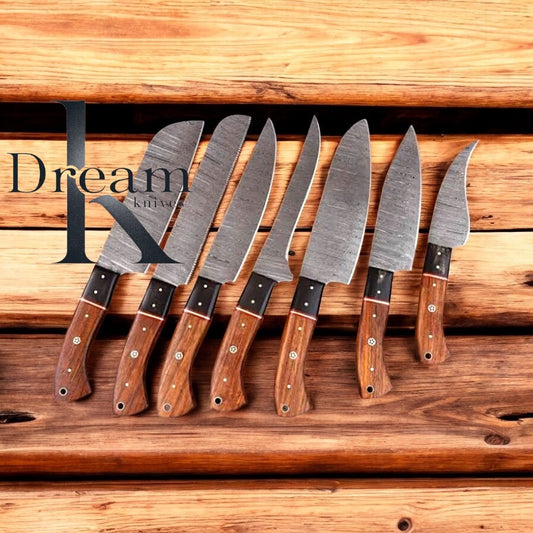 Best Budget Knife Set – 13" Damascus Steel Blades with Rosewood & Resin Handles, Leather Roll Kit Included

