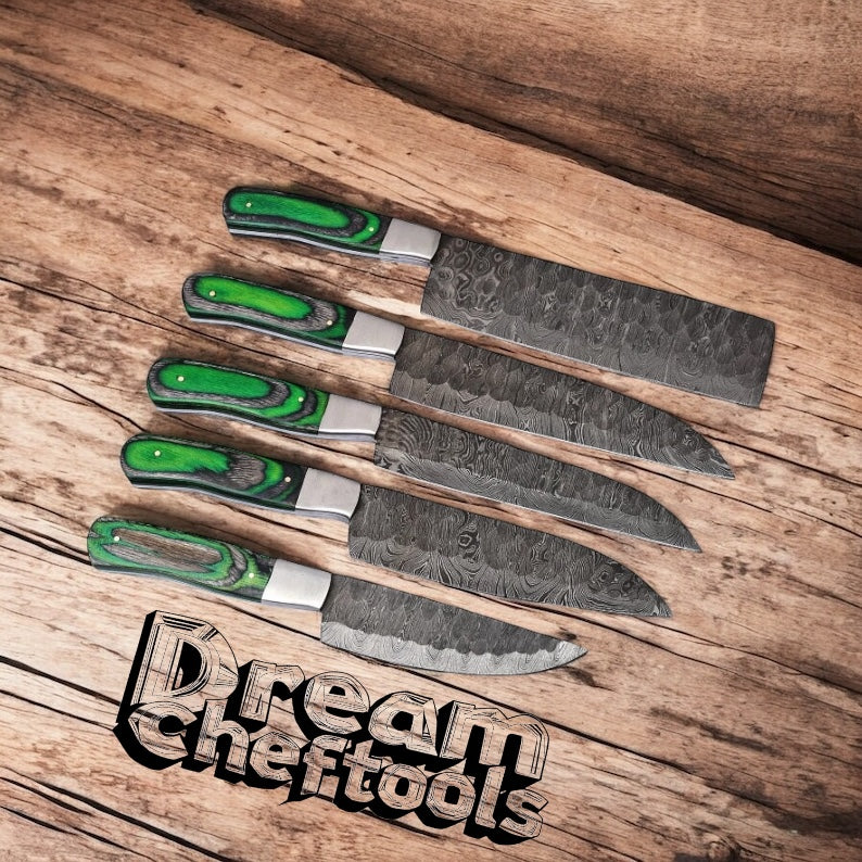 Best Japanese Kitchen Knife Set – Damascus Steel Blades with Pakkawood Handles, Steel Bolsters & Leather Roll Kit

