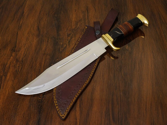 Crocodile Dundee Bowie Knife with brass guard and buffalo horn handle, featuring a leather sheath