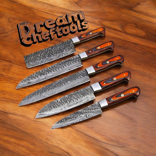 Best Chef Knive Sets – Damascus Steel Blades with Pakkawood Handles & Leather Roll Kit


