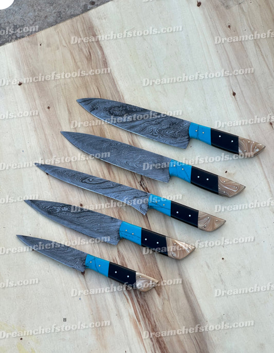 Custom handmade Damascus steel kitchen knife set