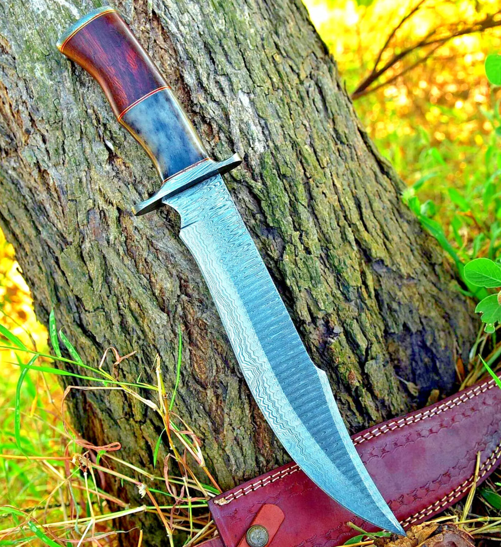 Premium Handmade Damascus Steel Bowie Knife | Damascus Steel Guard, Rosewood & Colored Bone Handle | Leather Sheath Included