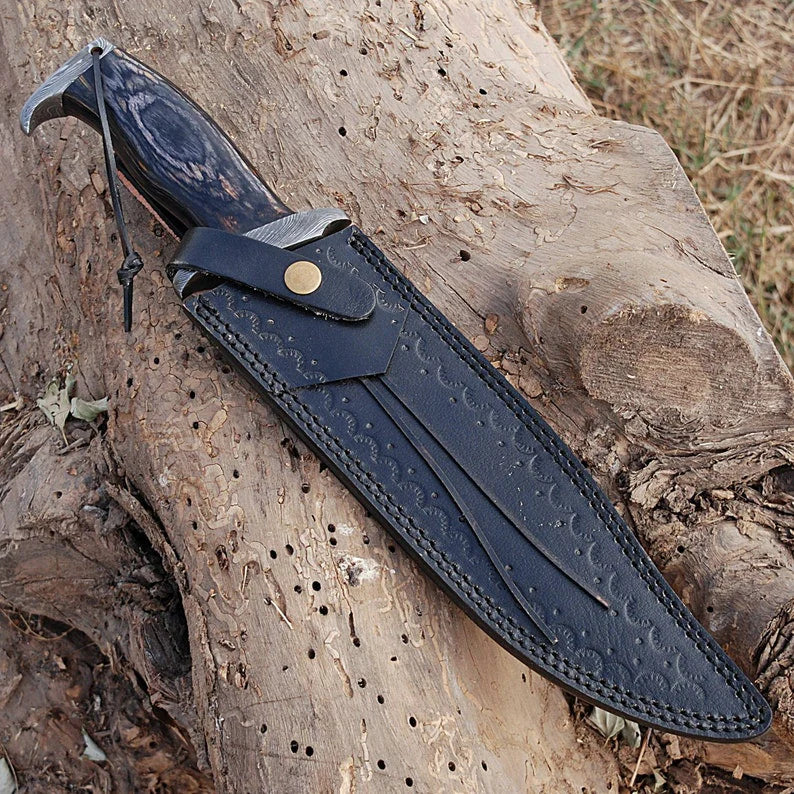 Custom Handmade Damascus Steel Rambo Bowie Knife with Brass Wood Handle and Leather Sheath”