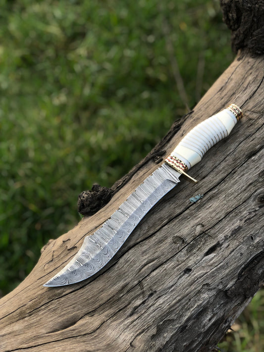 Handmade Damascus Steel Blade Bowie Knife Decorated Camel Bone Handle