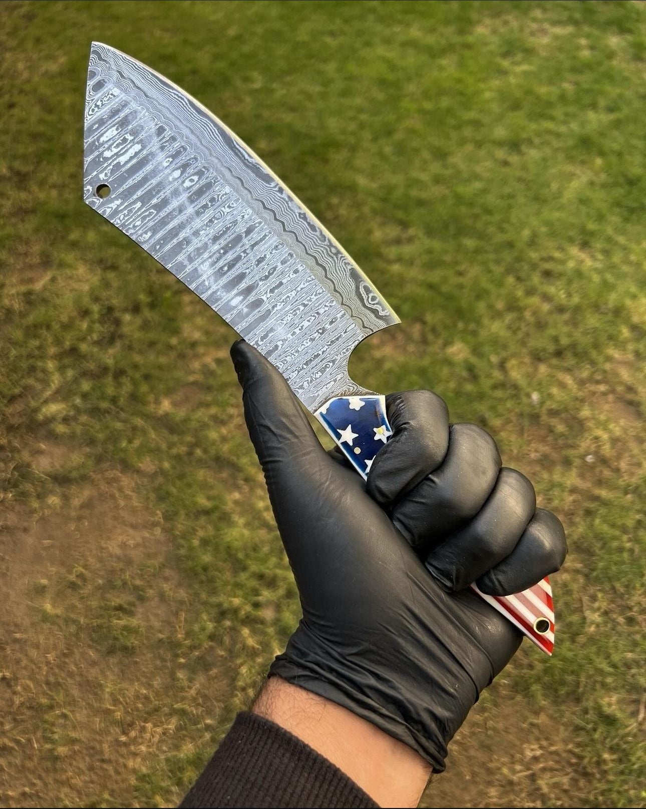 Custom Handmade Damascus Steel Cleaver Knife with Texas Flag Style Handle and Cone Leather Sheath