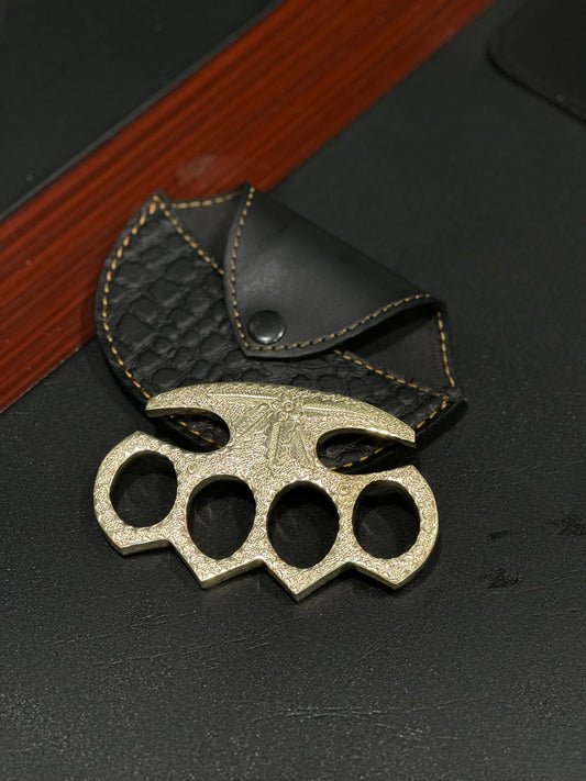 Antique Brass Engraved Brass Knuckles with Belt Loop Leather Case for Self Defense