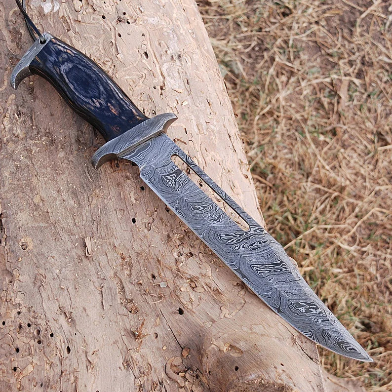 Custom Handmade Damascus Steel Rambo Bowie Knife with Brass Wood Handle and Leather Sheath”