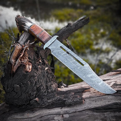 Custom Handmade Damascus Steel Bowie Knife with Stag Handle and Damascus Steel Guard, 16-inch Overall Length, with Leather Sheath”