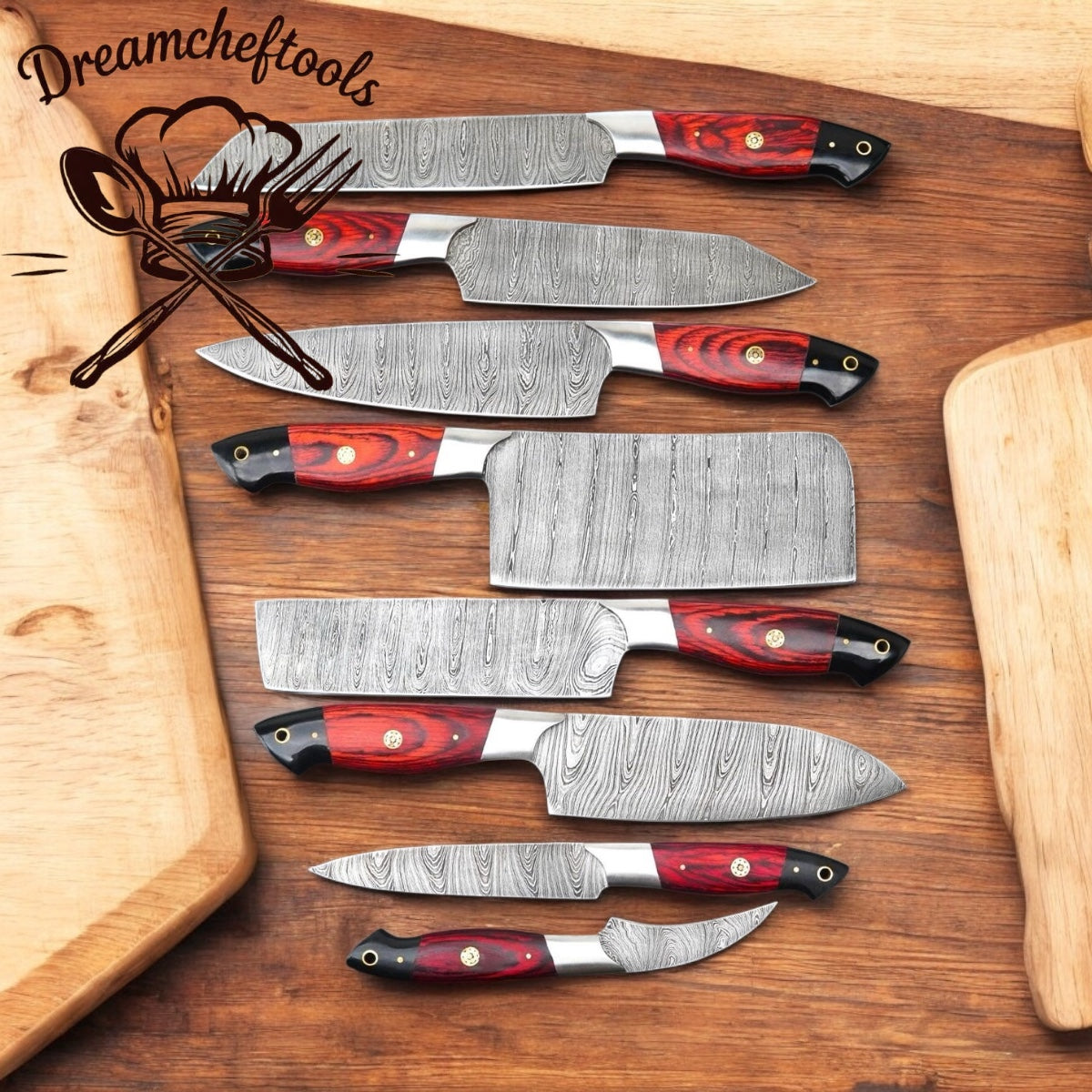 Best Knife Block Set – Damascus Steel Blades with Buffalo Horn & Pakkawood Handles + Leather Roll Kit